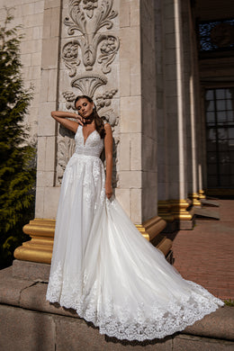 A-Line Wedding Dress with Plunging V-Neck and Floral Lace Appliqués