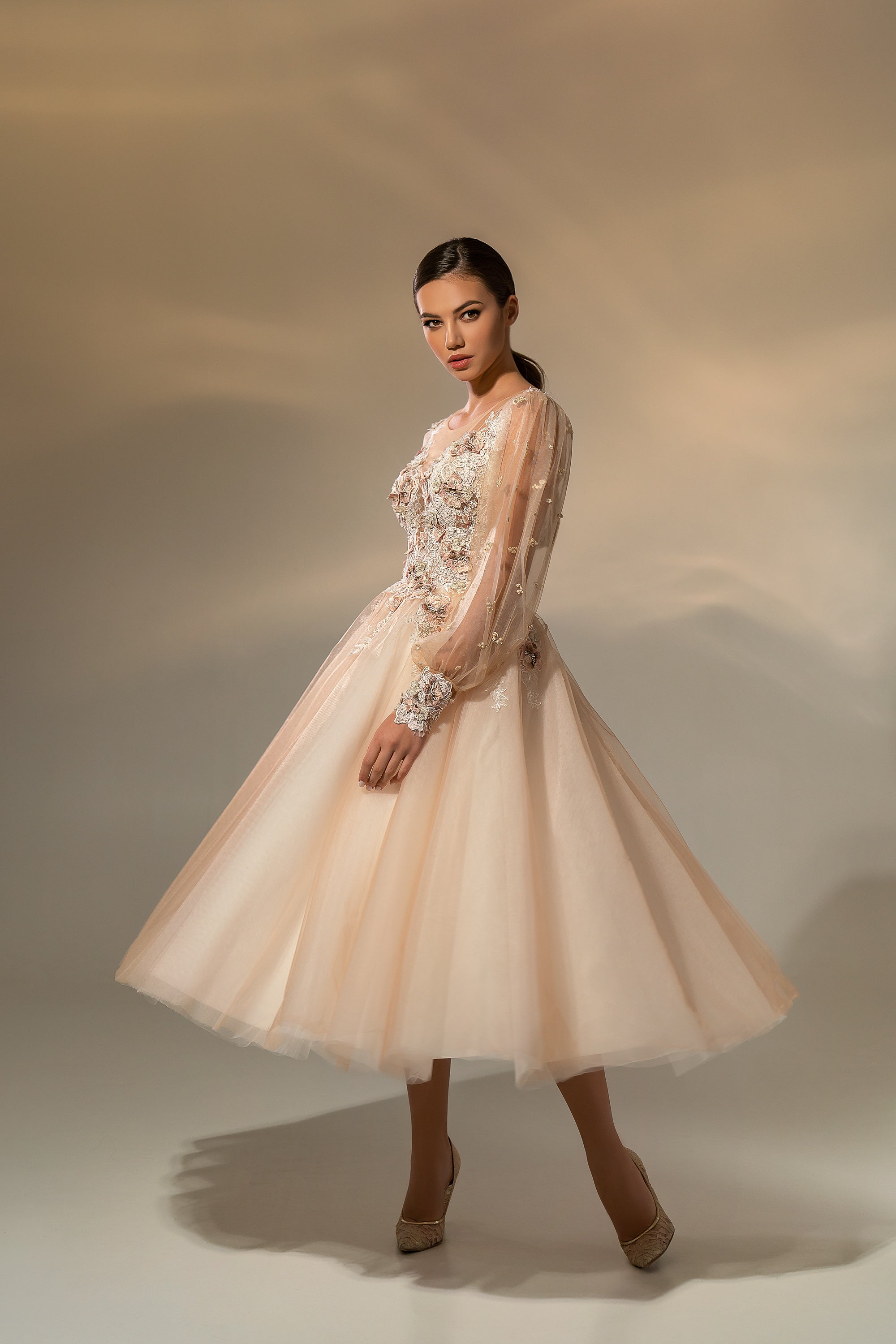 Women's Elegant Evening Dress with Translucent Tulle Fabric, Fluffy Midi Skirt, and Handmade Buttons - Decorated with 3-D Guipure, Beads, Crystals, and Sequins