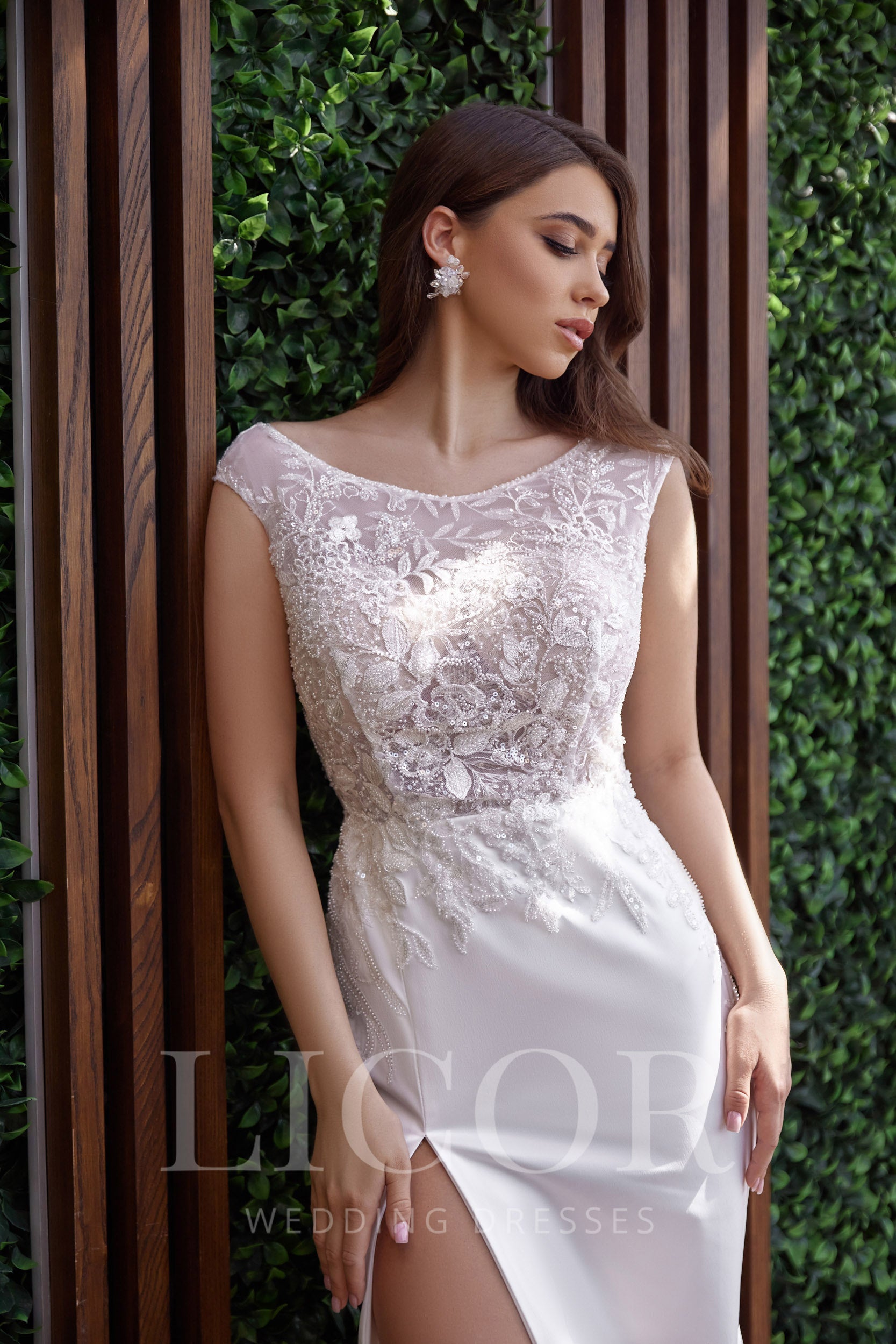 Romantic Sheath Satin Wedding Dress With Floral Lace Appliqués, Illusion Cap Sleeves, Front Slit And Sweep Train