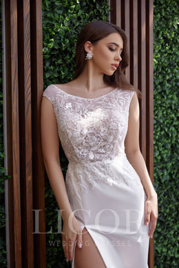 Romantic Sheath Satin Wedding Dress With Floral Lace Appliqués, Illusion Cap Sleeves, Front Slit And Sweep Train