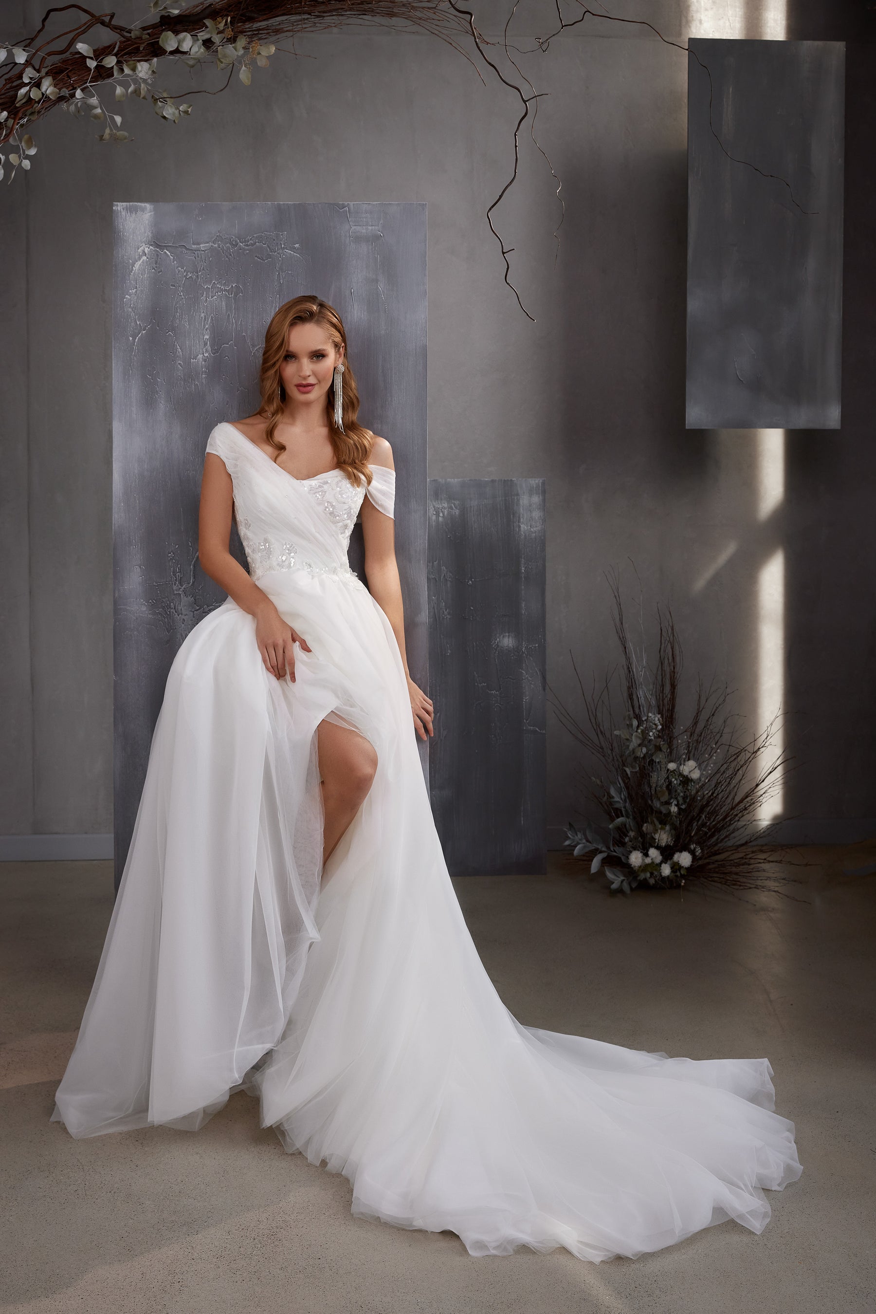 A-Line Wedding Dress with Off-The-Shoulder Draping