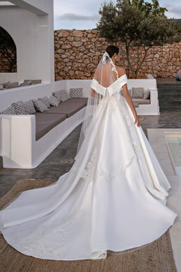 Princess Wedding Dress with Detachable Top, Guipure Collar, Soft Fabric Skirt & Long Train Embellished with Beads, Pearls, Crystals & Sequins