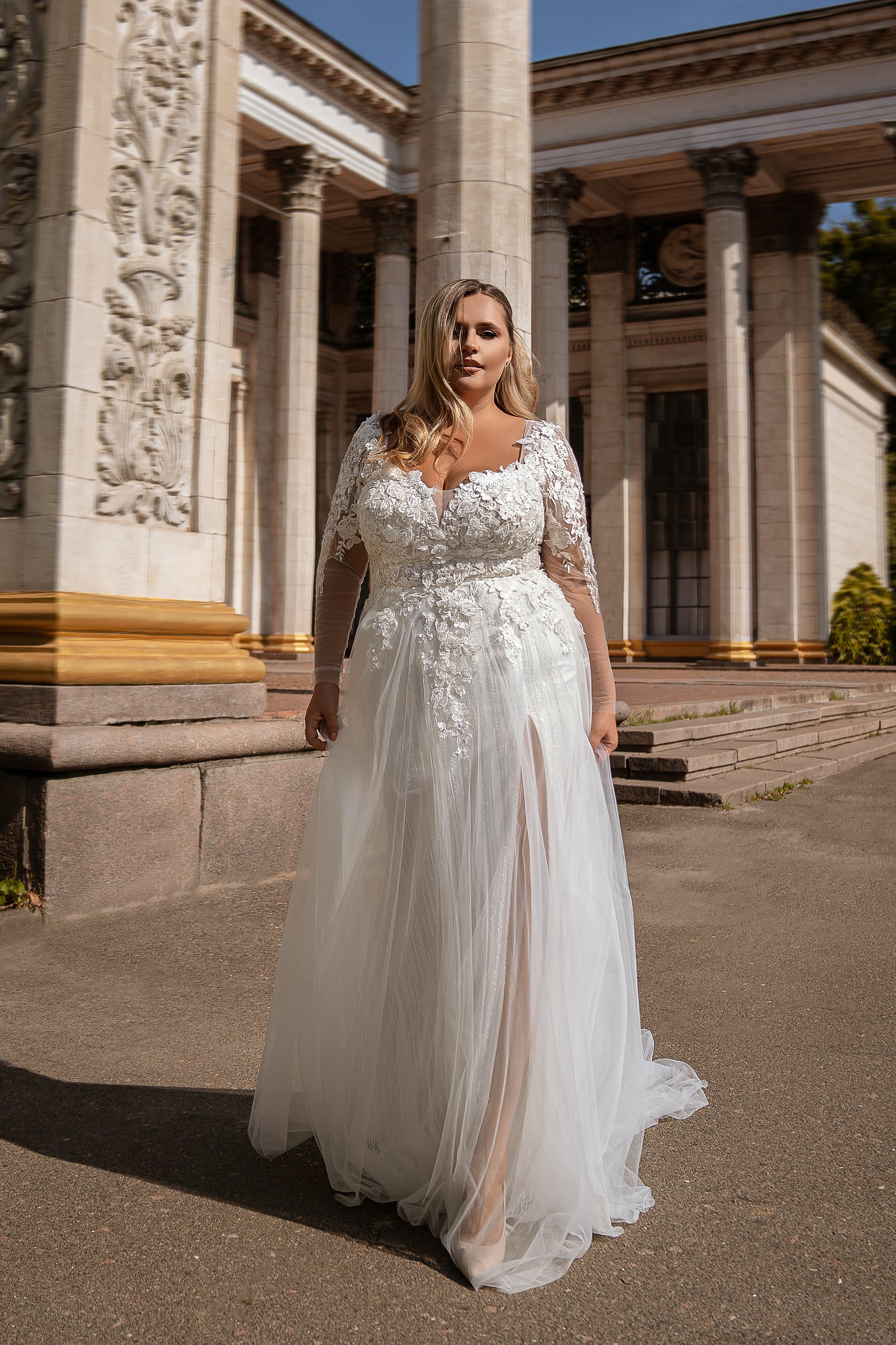 A-Line Wedding Dress with Long Lace Sleeves and Slit