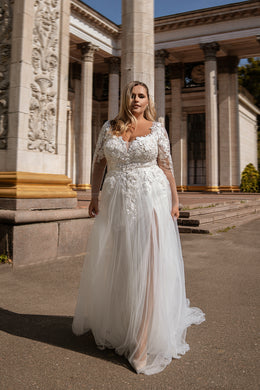 A-Line Wedding Dress with Long Lace Sleeves and Slit