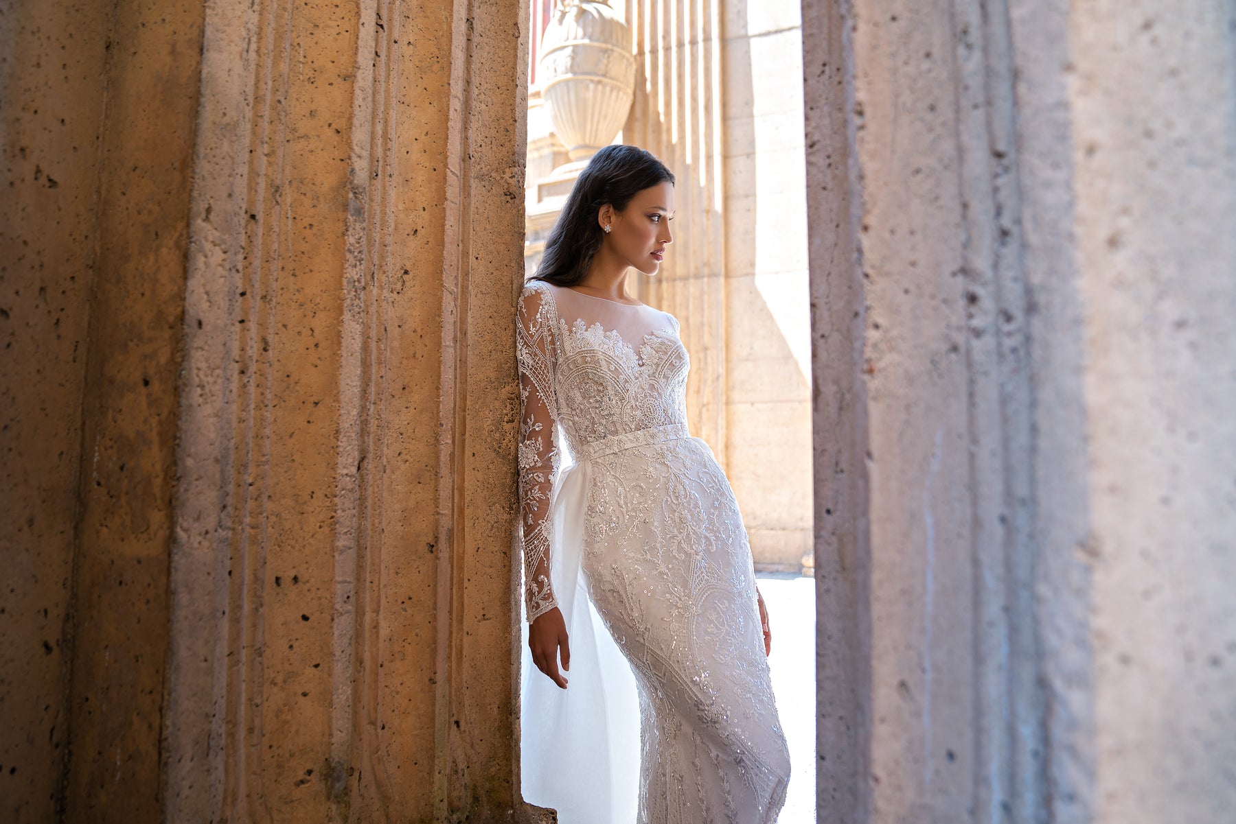 Sheath Wedding Dress with Long Lace Sleeves and Overskirt