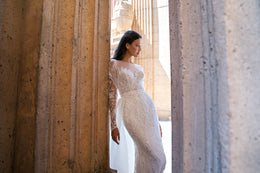 Sheath Wedding Dress with Long Lace Sleeves and Overskirt