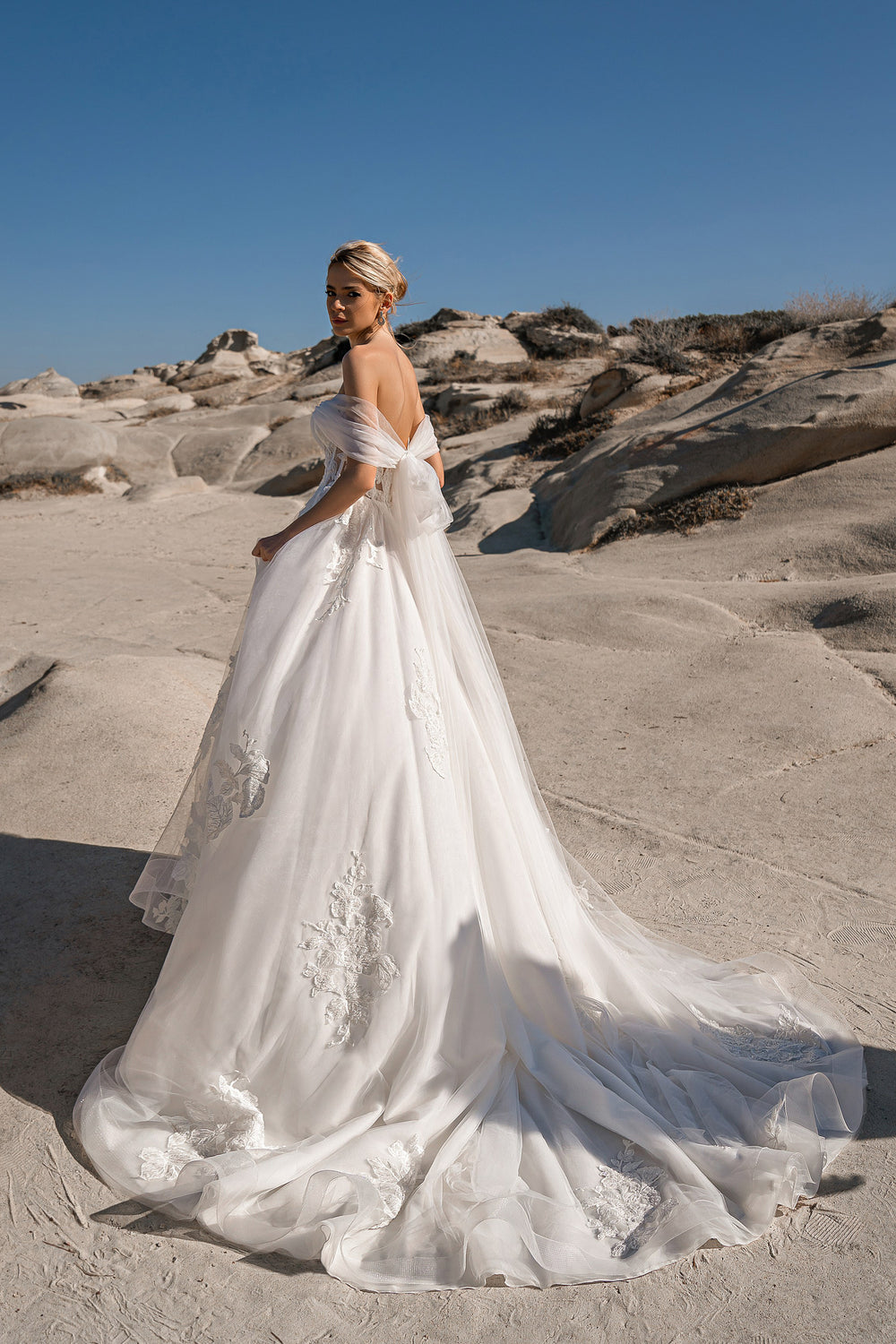Off-the-Shoulder Sheath Wedding Dress with Beading and Cathedral Train