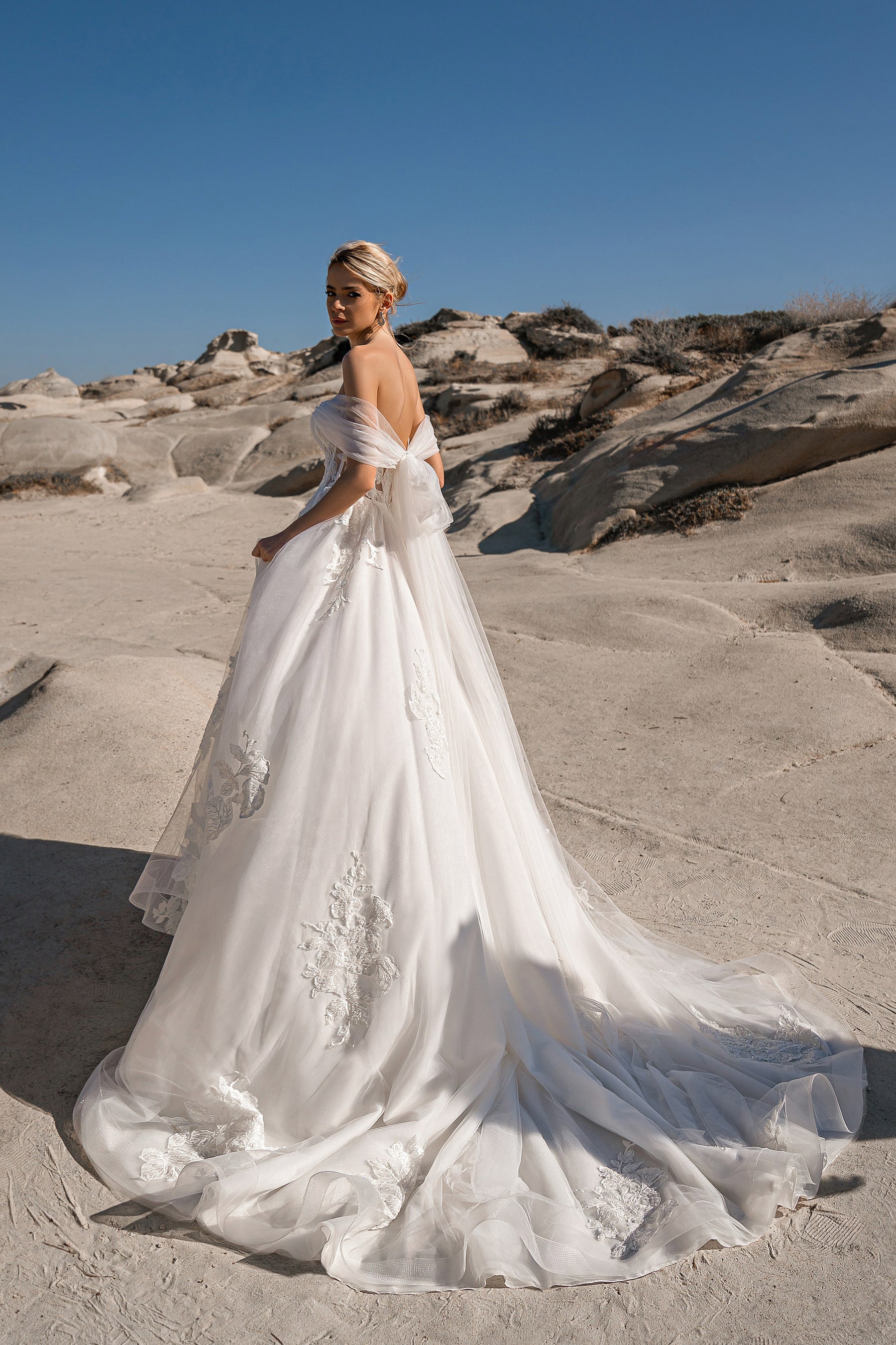Off-Shoulder A-Line Wedding Dress with Floral Lace Appliqués