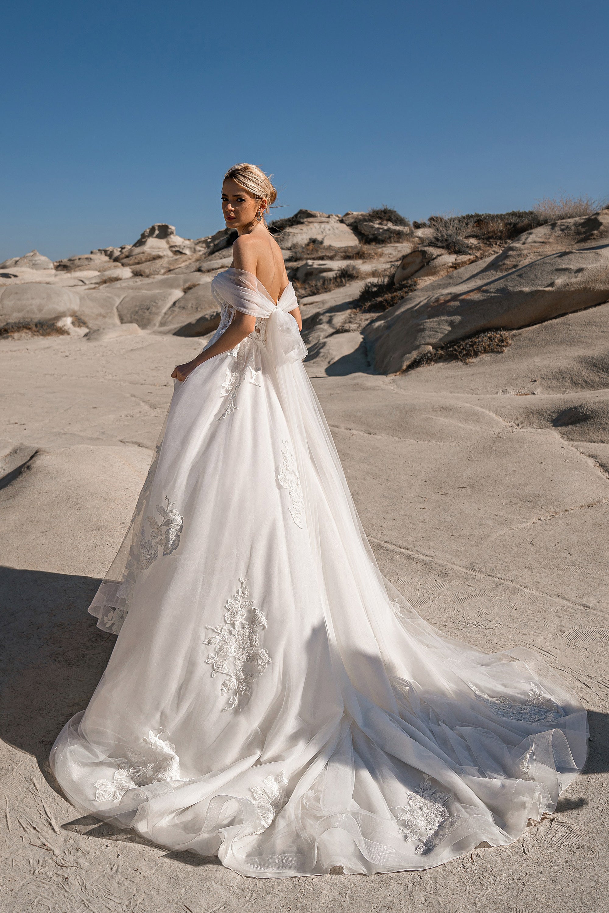 Off-Shoulder A-Line Wedding Dress with Floral Lace Appliqués
