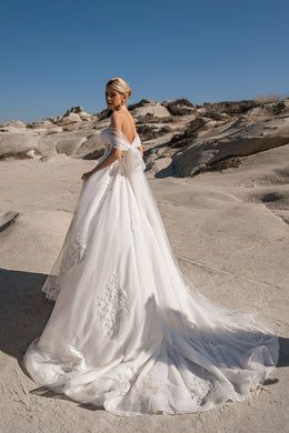 Off-Shoulder A-Line Wedding Dress with Floral Lace Appliqués