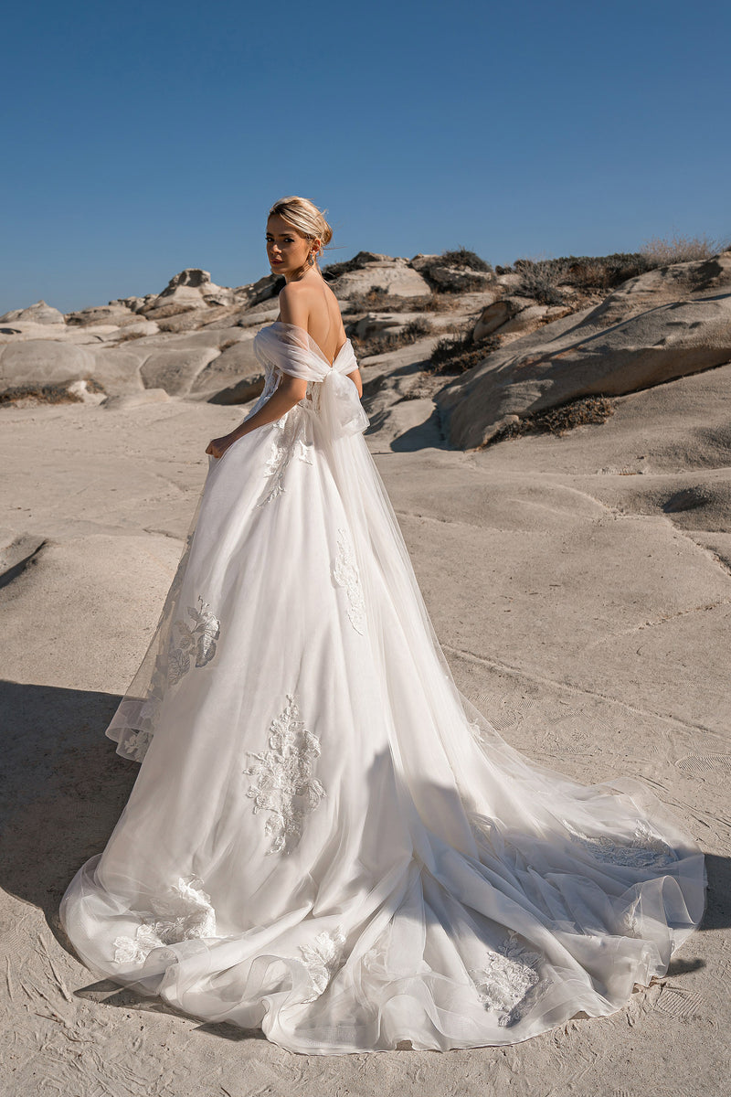 Off-Shoulder A-Line Wedding Dress with Floral Lace Appliqués