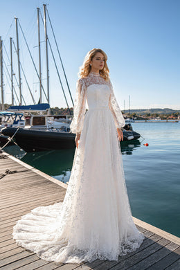 A-Line Wedding Dress with High Neck Embroidery