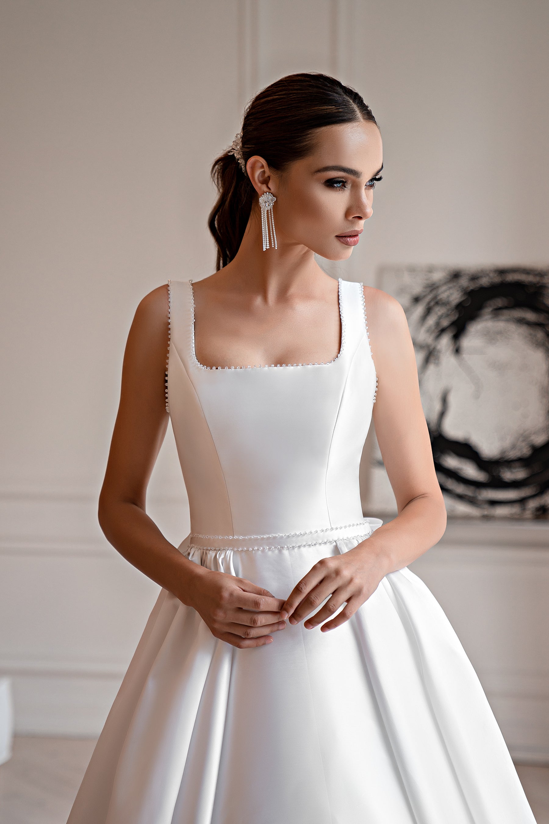 Mikado Luxury Wedding Dress with Embroidered Crystals and Removable Bow - Minimalist Style
