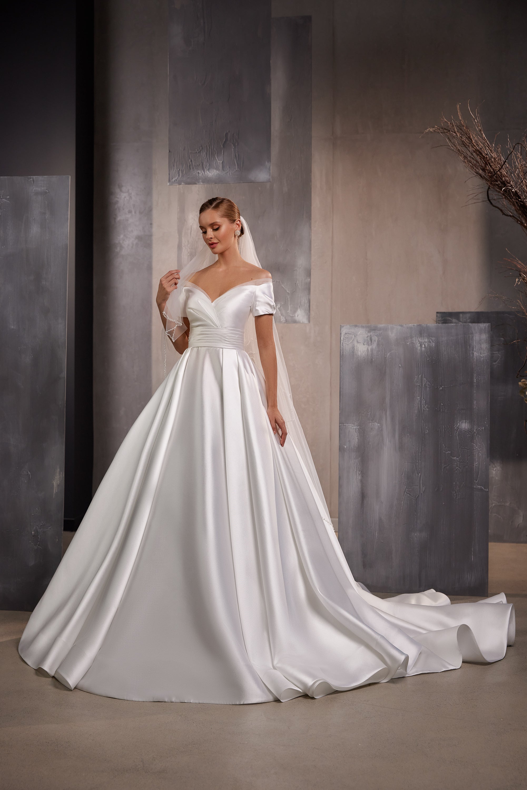 Satin Ball Gown Wedding Dress with Off-The-Shoulder Neckline