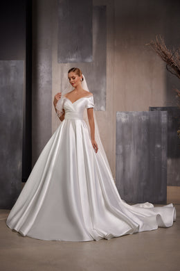 Satin Ball Gown Wedding Dress with Off-The-Shoulder Neckline