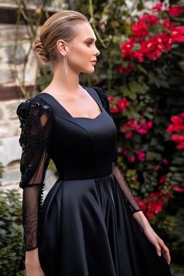 Women's Black Satin Party Dress with Long Sleeves and V-Back
