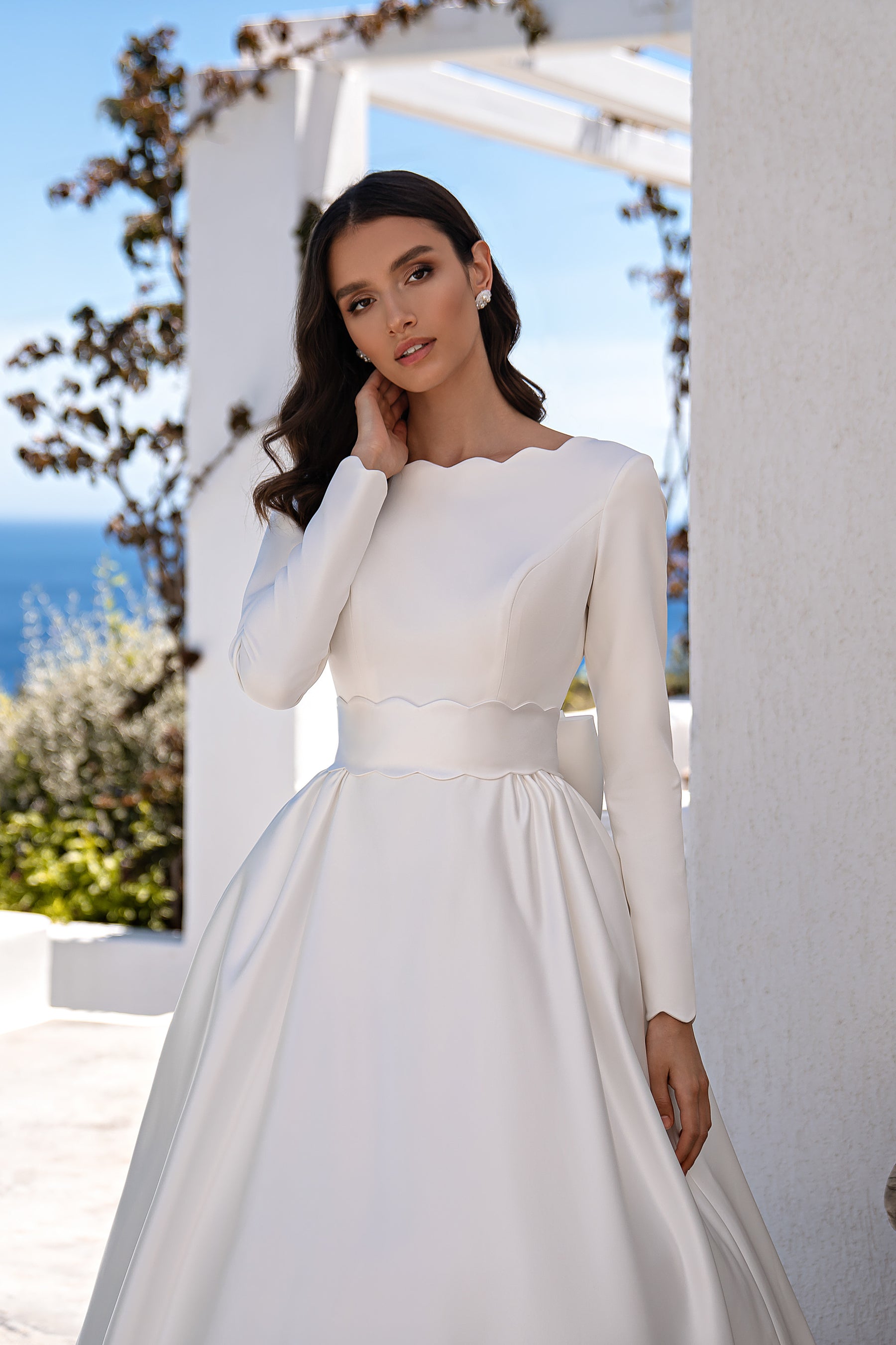 Wedding Dress with Detachable Train, Soft Corset, Long Sleeves, Boat Neckline, V-Shaped Neckline, Detachable Royal Satin Belt, Double Bow, and Pockets