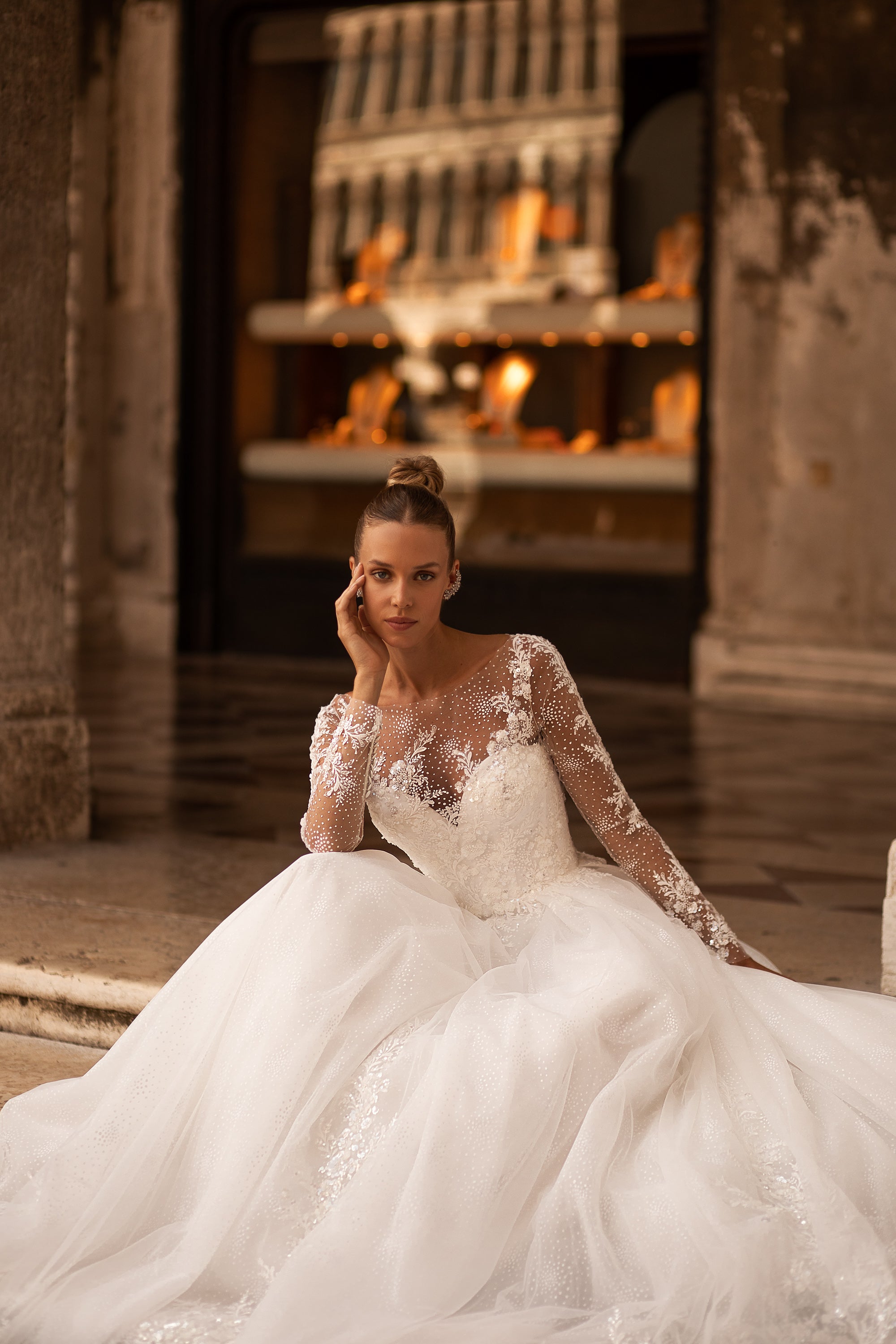 Elegant A-Line Bridal Dress with Tulle Sparkle Lace Skirt, Long Sleeves, and Nude Mesh Top