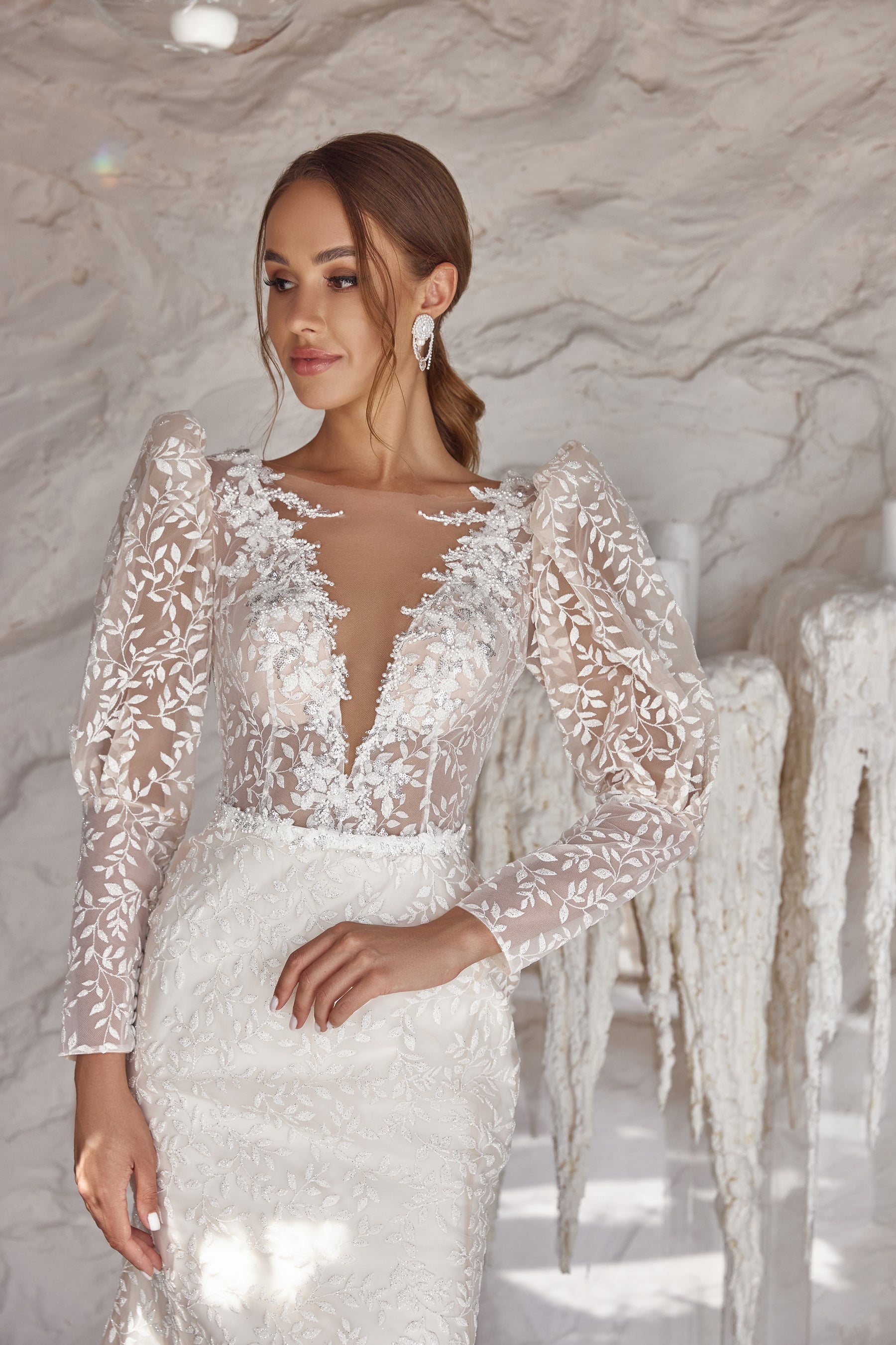 Romantic Mermaid Wedding Dress With Floral Lace Appliqués, Deep V-Neck Illusion, Long Lace Sleeves, Lace Overlay, Sweep Train