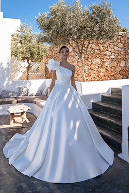 Mikado Wedding Dress with Asymmetric Draped Corset, Detachable Draped Element, Luxurious Skirt with Train, and Hand Embroidered with Crystal