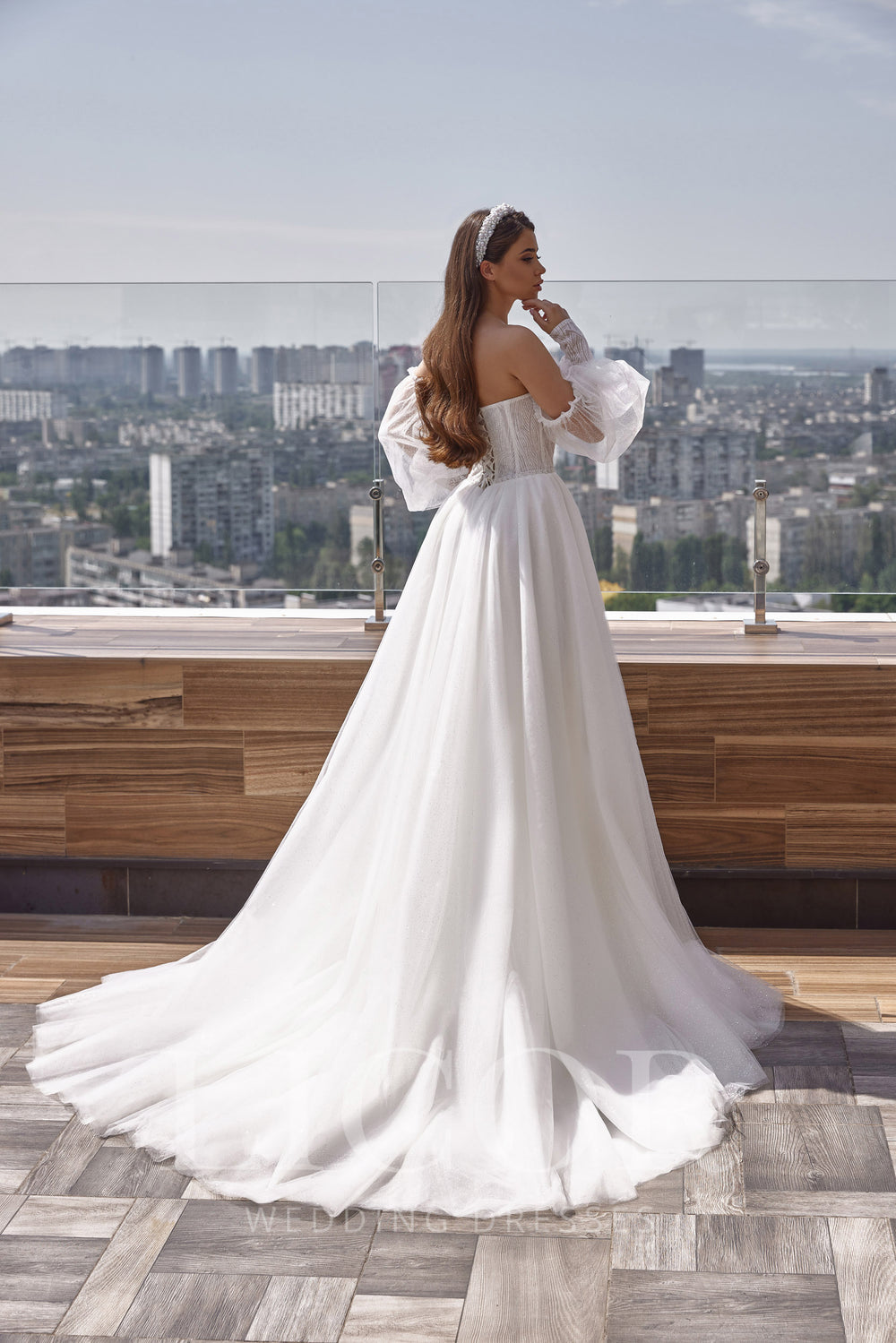Romantic A-Line Wedding Dress With Sparkle Tulle, Beaded Bodice, Off-the-Shoulder Neckline, Sheer Puff Sleeves, Cathedral Train