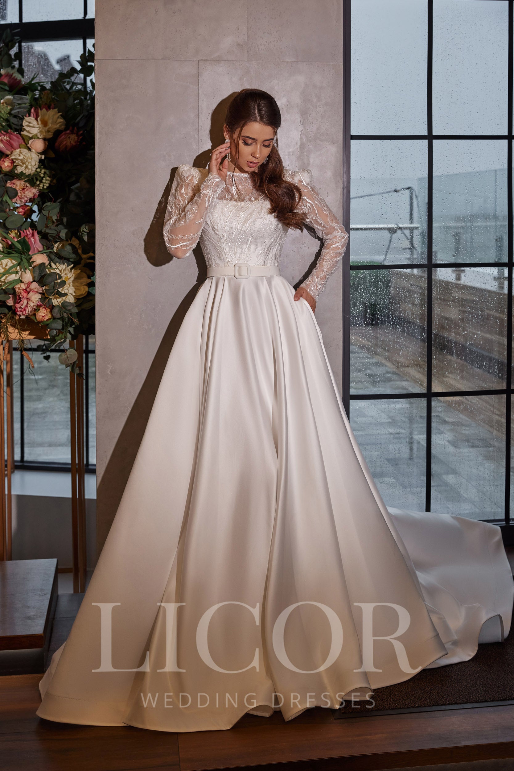 A-Line Satin Wedding Dress, Square Neck, Sleeveless, Flattering Waist, Full Skirt, Minimalist Bridal Couture