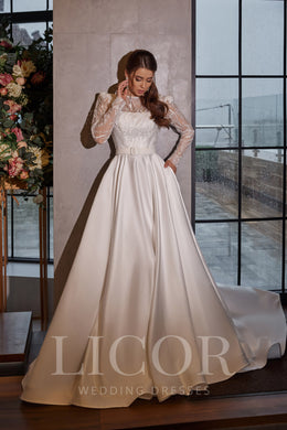 A-Line Satin Wedding Dress, Square Neck, Sleeveless, Flattering Waist, Full Skirt, Minimalist Bridal Couture