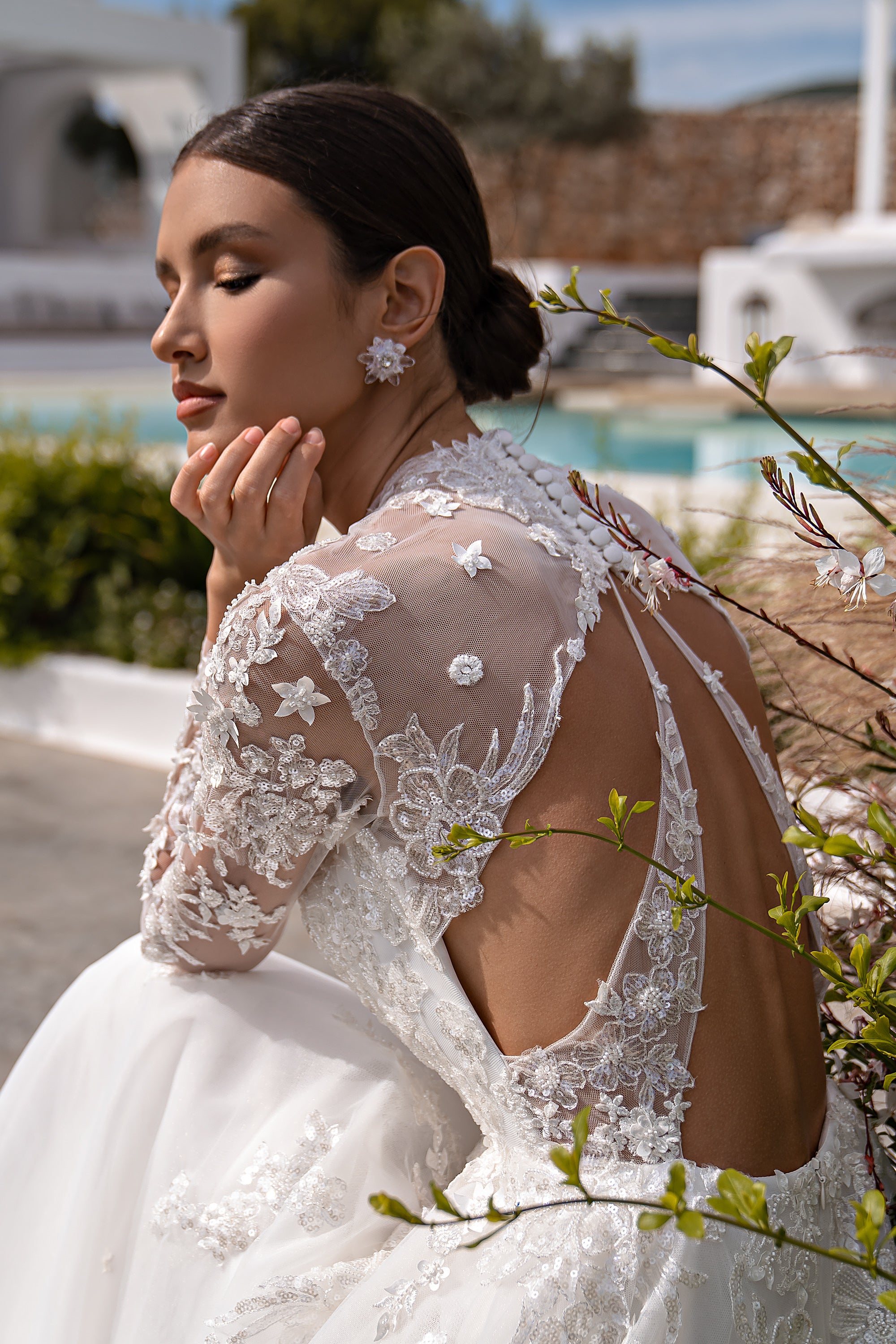 A-Line Wedding Dress with High Neck and Floral Lace