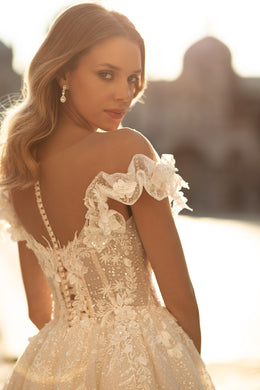 Sparkling Bridal Ballgown with Lacing, Buttons Back, Short Sleeves with 3D Lace, and Deep V-Neck