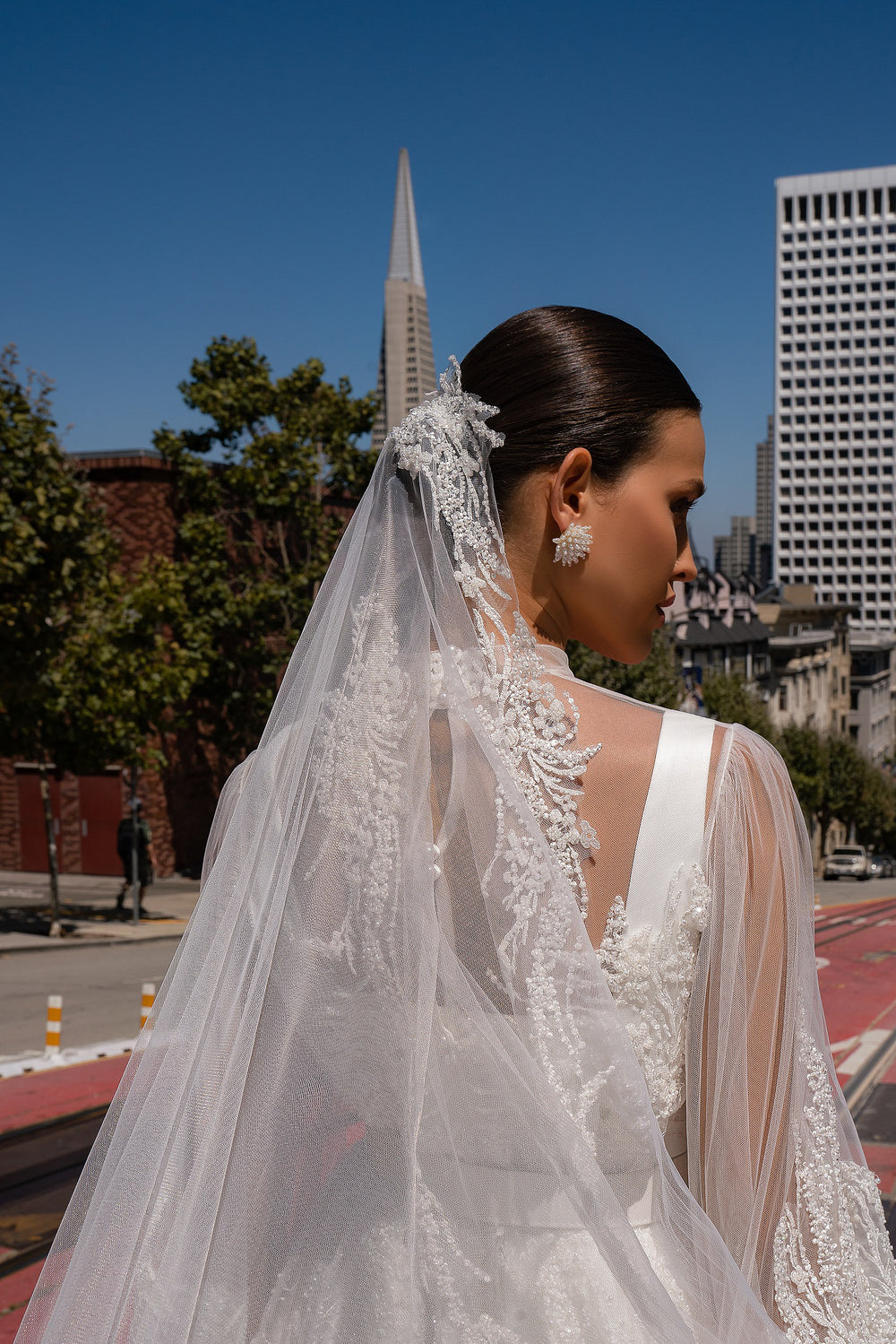 Luxurious Designer  Veil with Lace Embroidery, Beads, Sequins, Crystal and Pearls - 1.5x1.5m