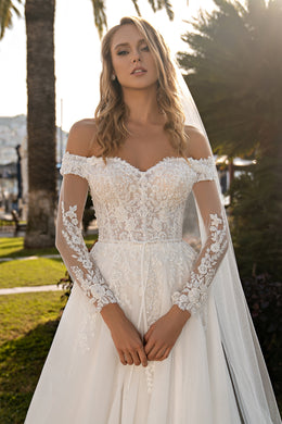 Beautiful Off-the-Shoulder Wedding Dress with Embroidered Guipure and Beads