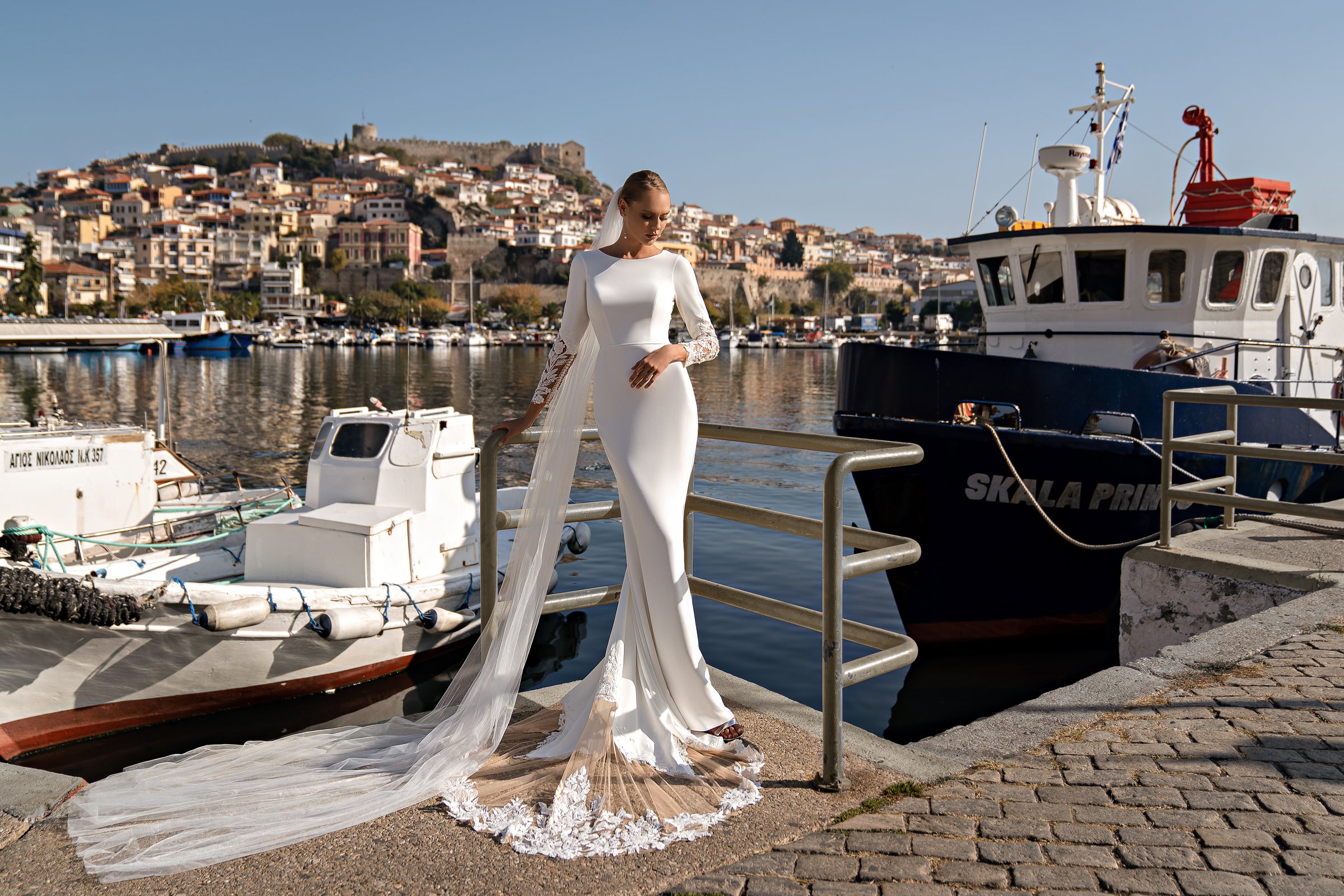 Long-Sleeved Mermaid Dress with Crepe Fabric, Nude Tulle, Embroidered Guipure, Beads, Sequins, and Crystal Buttons