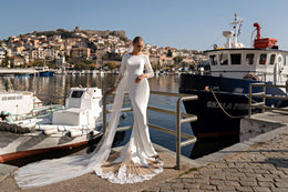 Long-Sleeved Mermaid Dress with Crepe Fabric, Nude Tulle, Embroidered Guipure, Beads, Sequins, and Crystal Buttons