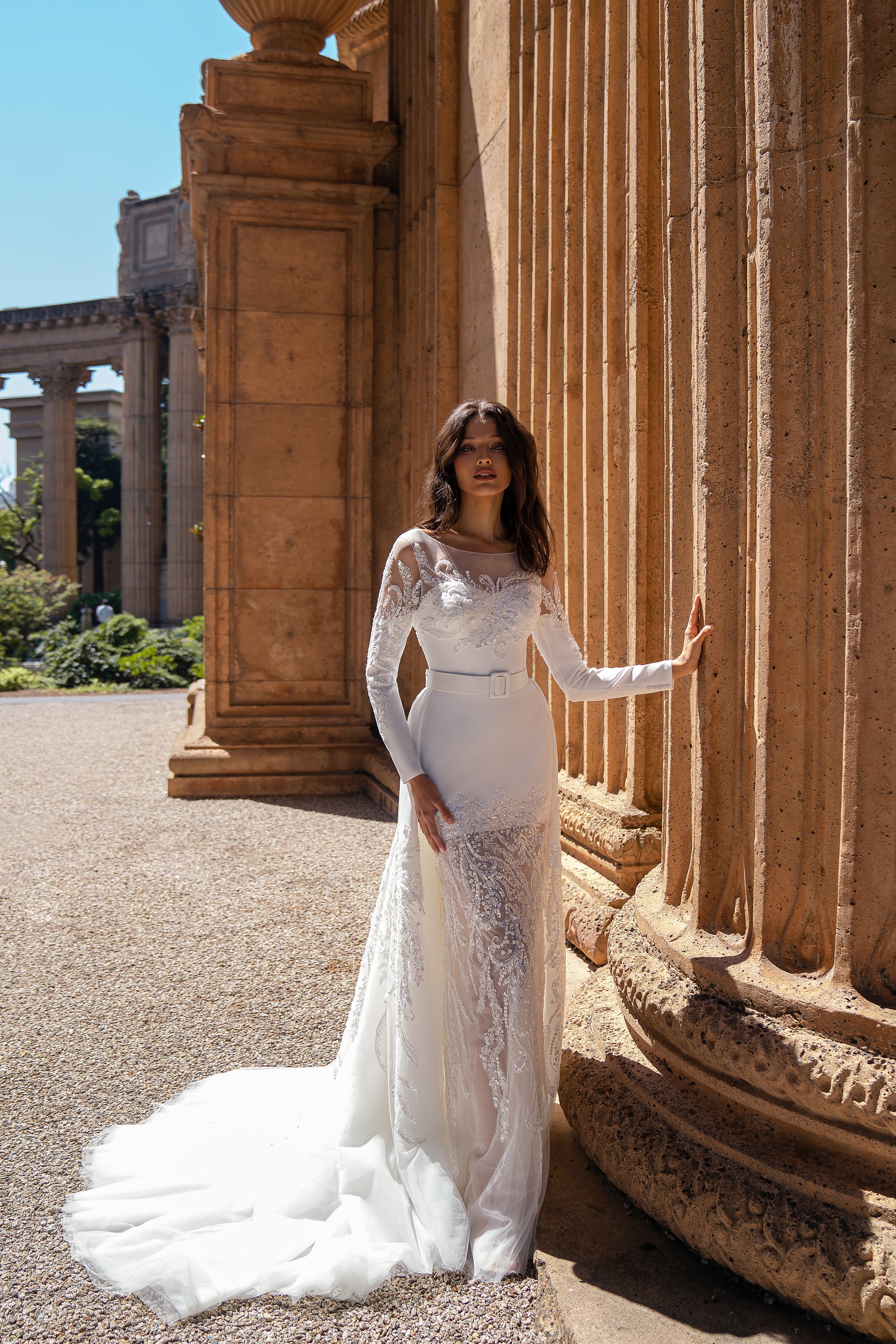 Designer Bridal Set - Mermaid Silhouette Dress w/ Long Sleeves, Detachable Train, Bâteau Neckline, Removable Belt, Stretch Crepe, Translucent Net, Guipure, Beads & Sequins
