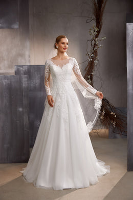 White wedding veil shown from the front, with sheer layers and ornate floral lace edging cascading beside the gown