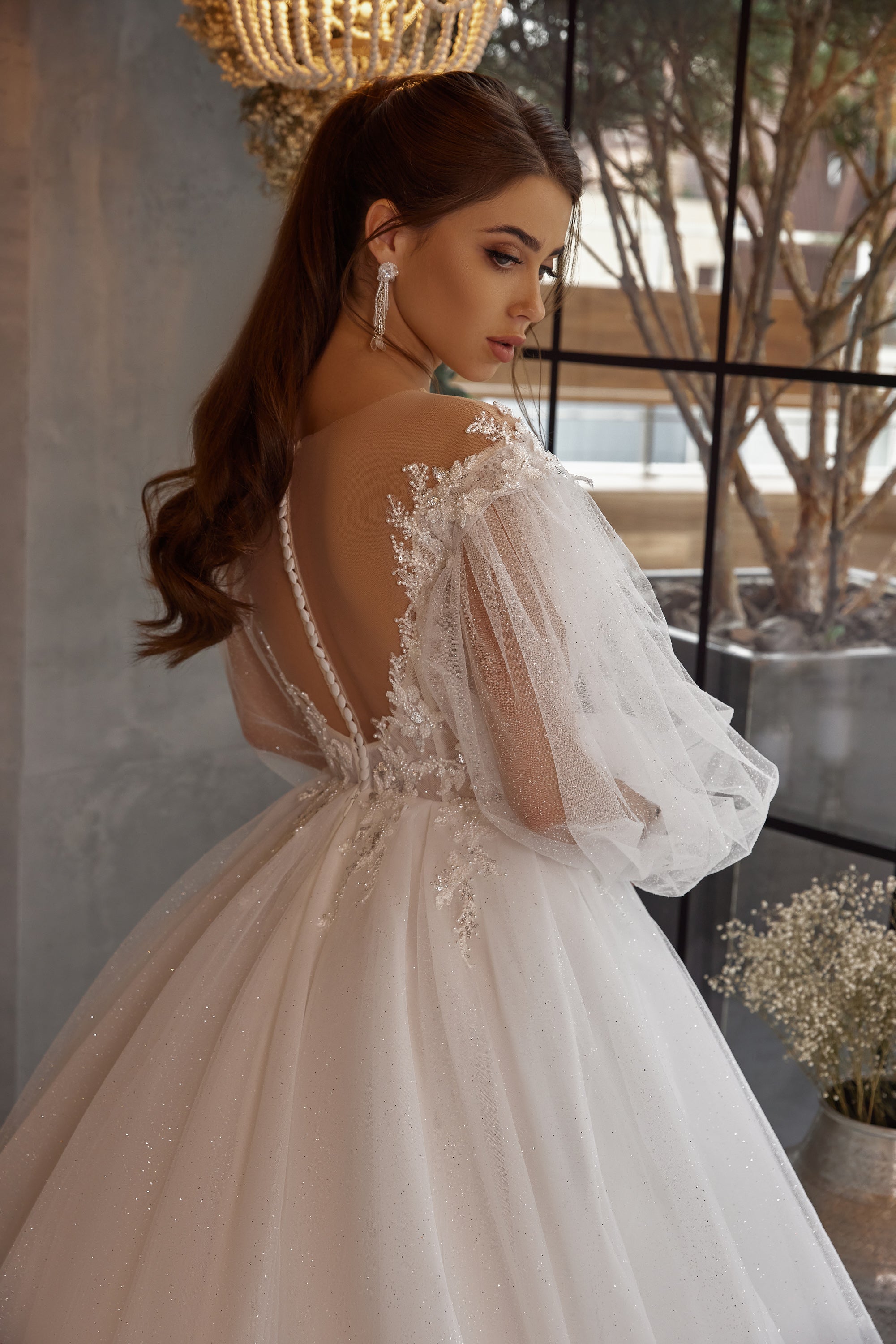 Ball Gown Wedding Dress in Tulle with Lace Appliqués and Beading, Off-The-Shoulder Illusion Neckline, Long Puff Sleeves, Cathedral Train