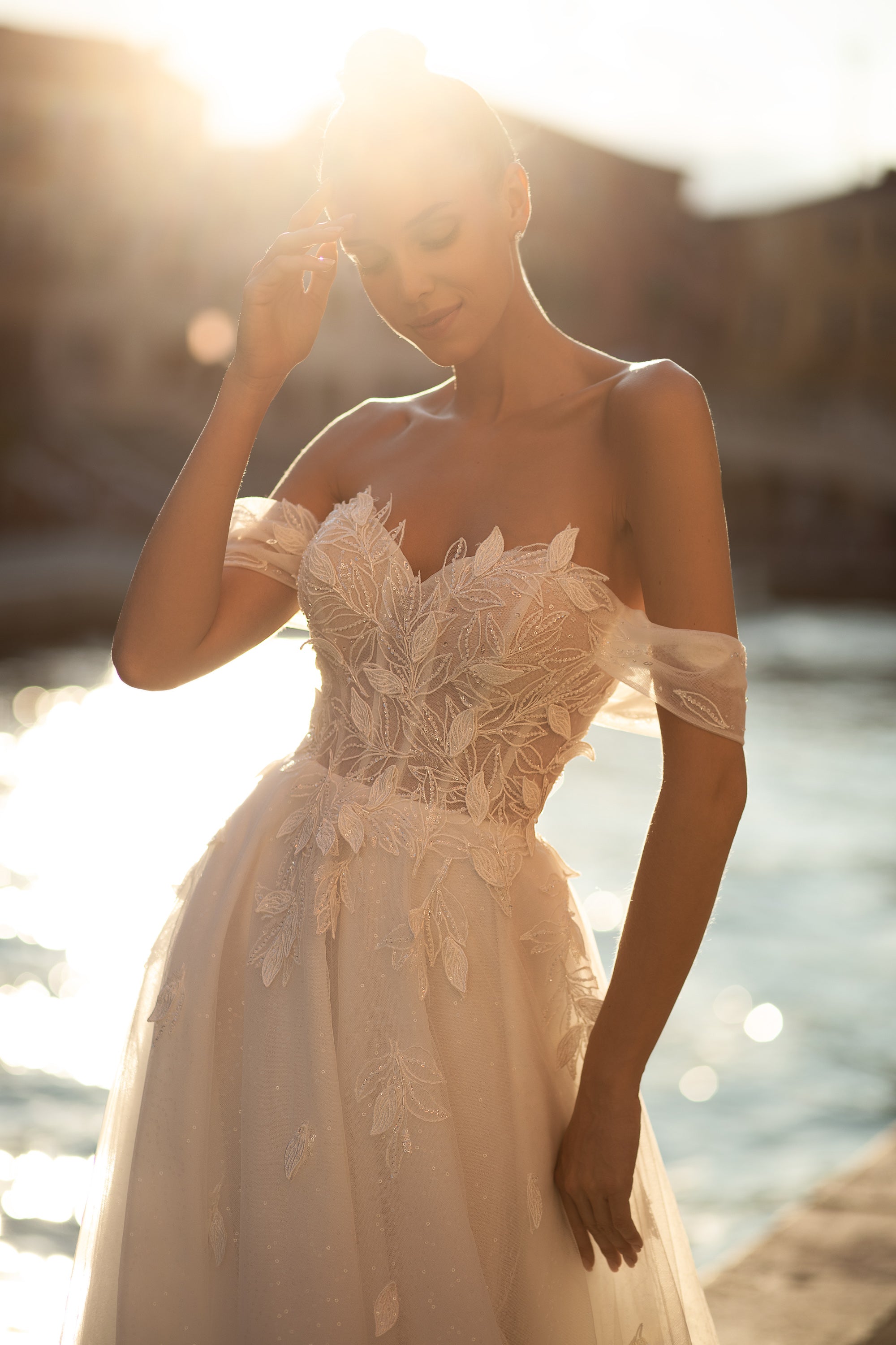 A-Line Off-the-Shoulder Tulle Wedding Gown with Zipper Back and Court Train