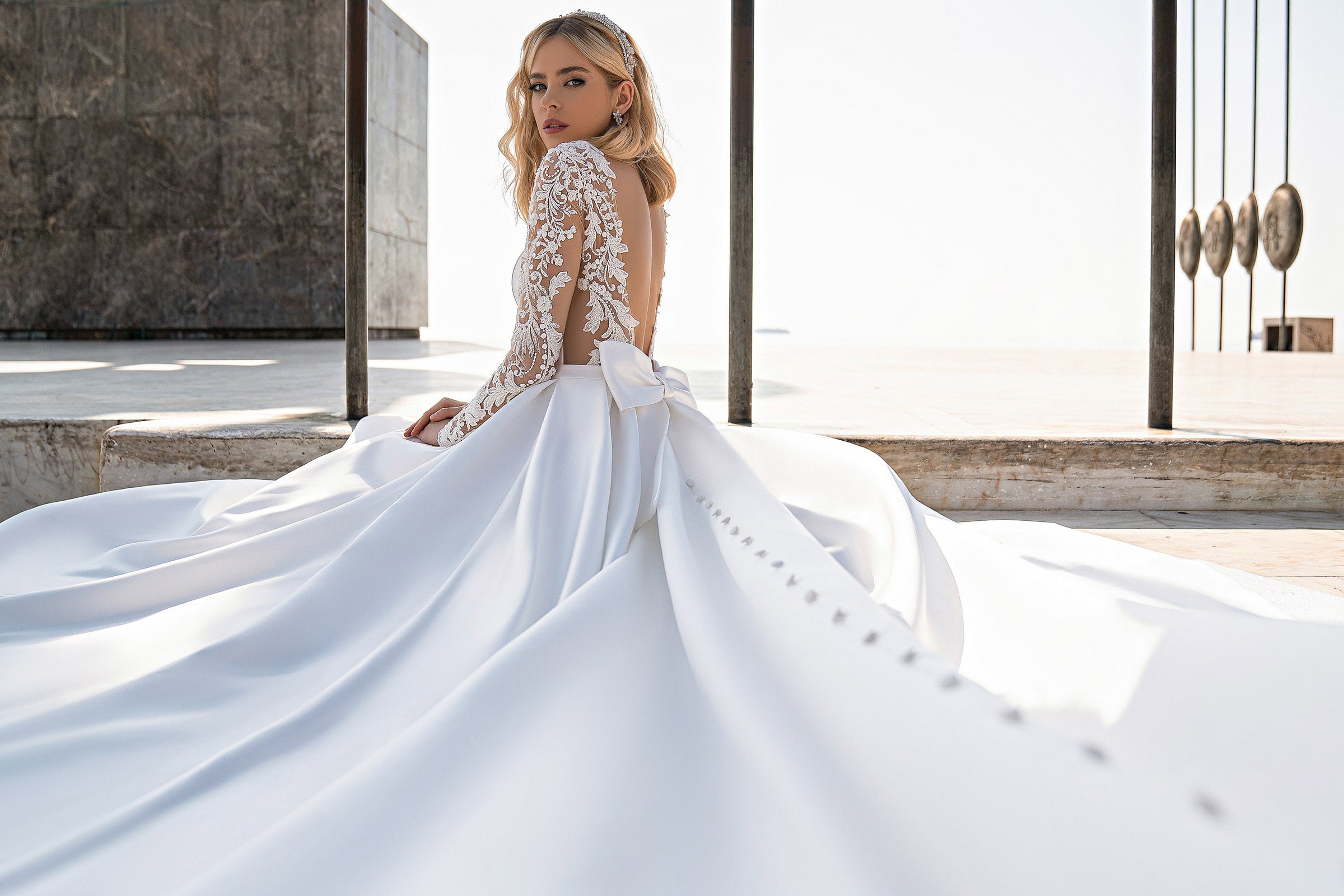 Mikado Ball Gown Wedding Dress with Lace Sleeves