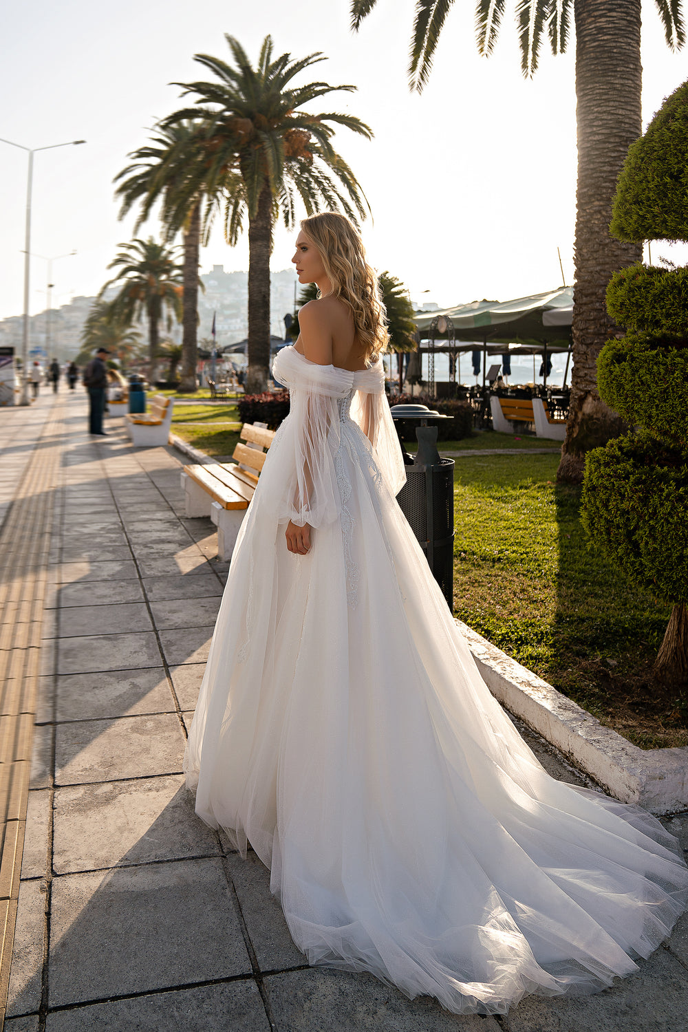 Gorgeous A-Line Wedding Dress with Detachable Voluminous Sleeves, Tulle Drapery, and Beaded Appliqués with Sequins