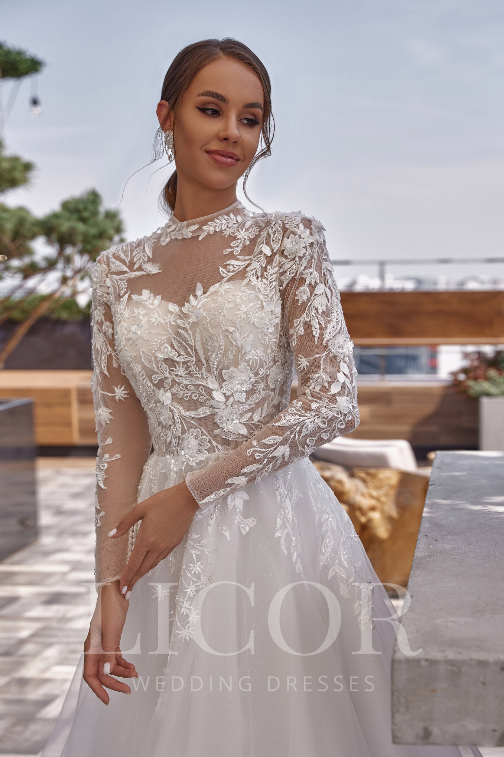A-Line Wedding Dress with Lace Appliqués, Floral Embroidery, Illusion Neck, Long Sleeves, Tulle Skirt, Cathedral Train, Romantic
