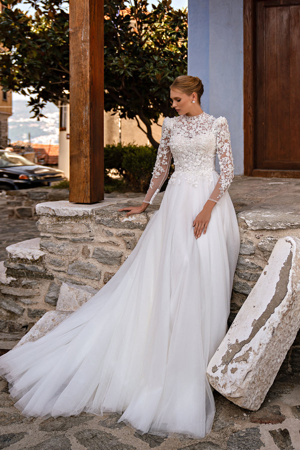 Romantic Wedding Dress with Voluminous Buttoned Sleeves and Sparkling Skirt with Train - Embroidered 3D Guipure with Beads, Rhinestones and Sequins