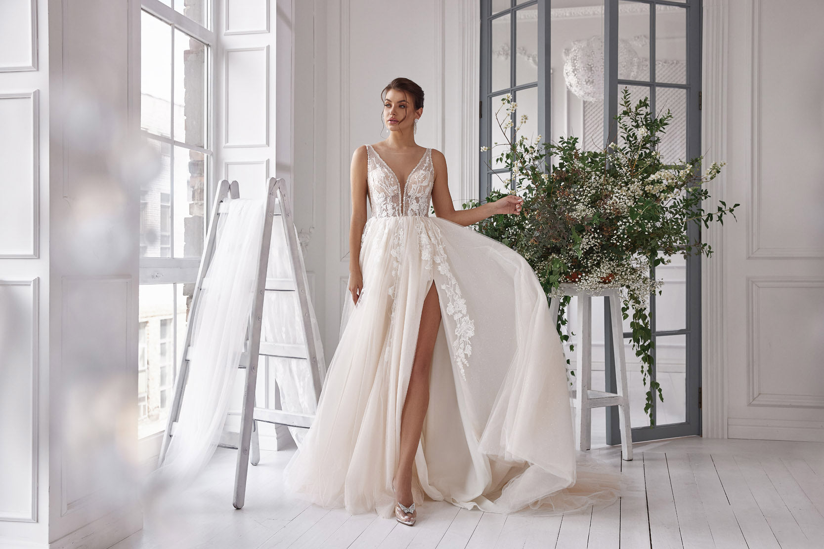 A-Line Wedding Dress with Floral Lace Appliqués and Slit