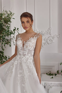 A-Line Wedding Dress with Illusion V-Neck Floral Bodice
