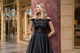 Women's Black Party Dress with Tulle Skirt and Lace Accents