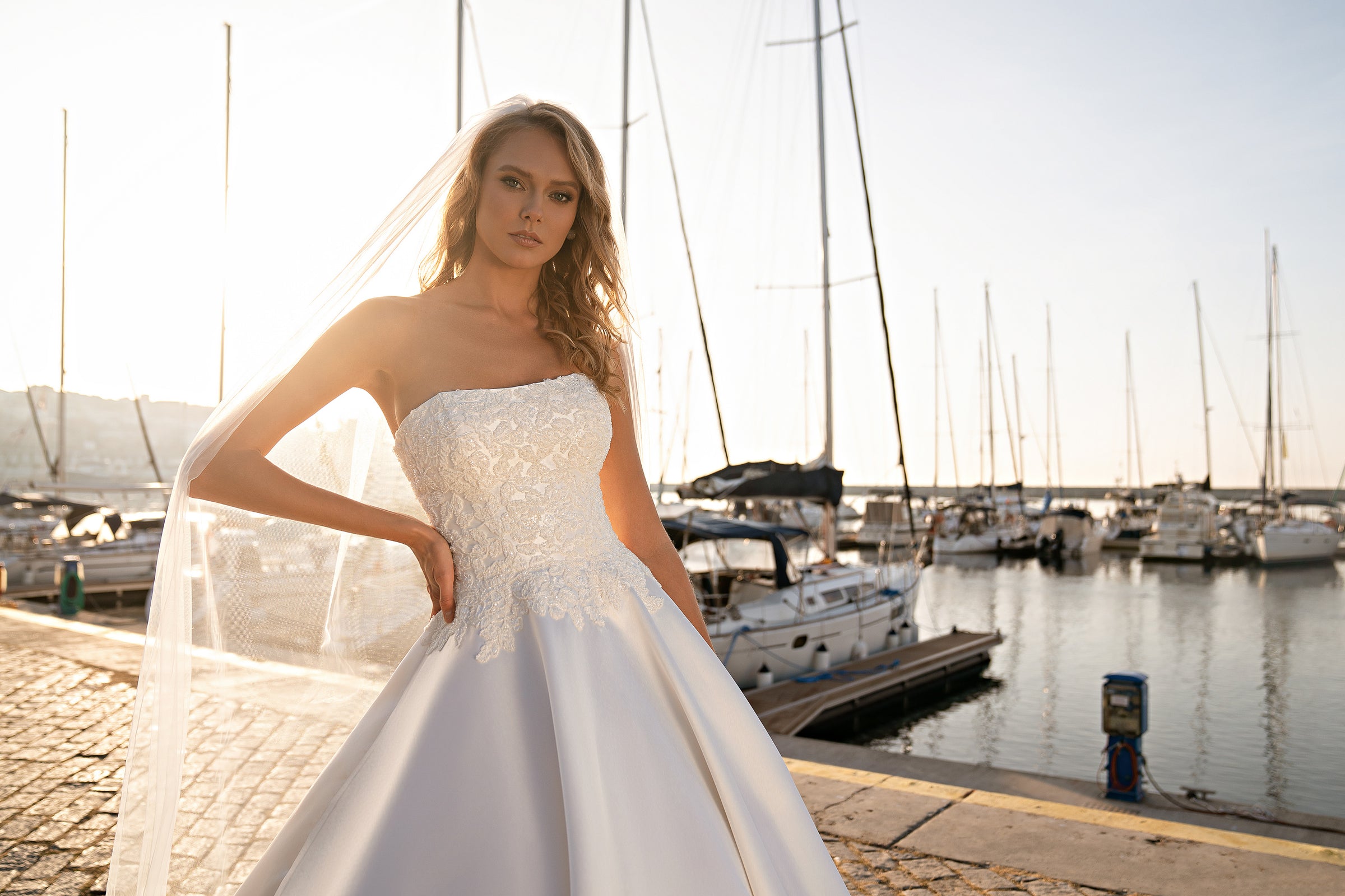 Effortless Elegance: Glittery Mikado Wedding Dress with Embroidered Beaded Guipure and Sequins Floral Pattern