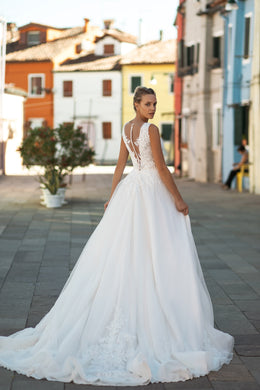 Beautiful A-Line V-Neck Sleeveless Lace Wedding Dress with Sequins Beading and Cathedral Train