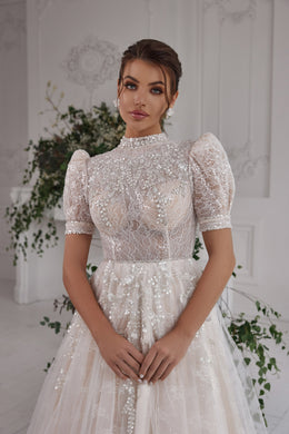 A-Line Wedding Dress with High Neck and Puff Sleeves