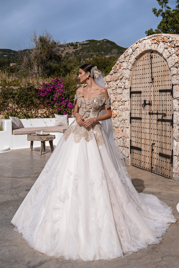 Luxurious Gold Guipure Off-the-Shoulder Wedding Dress with Fluffy Skirt, Glitter Ruffles, Lighting, and Embellished Straps