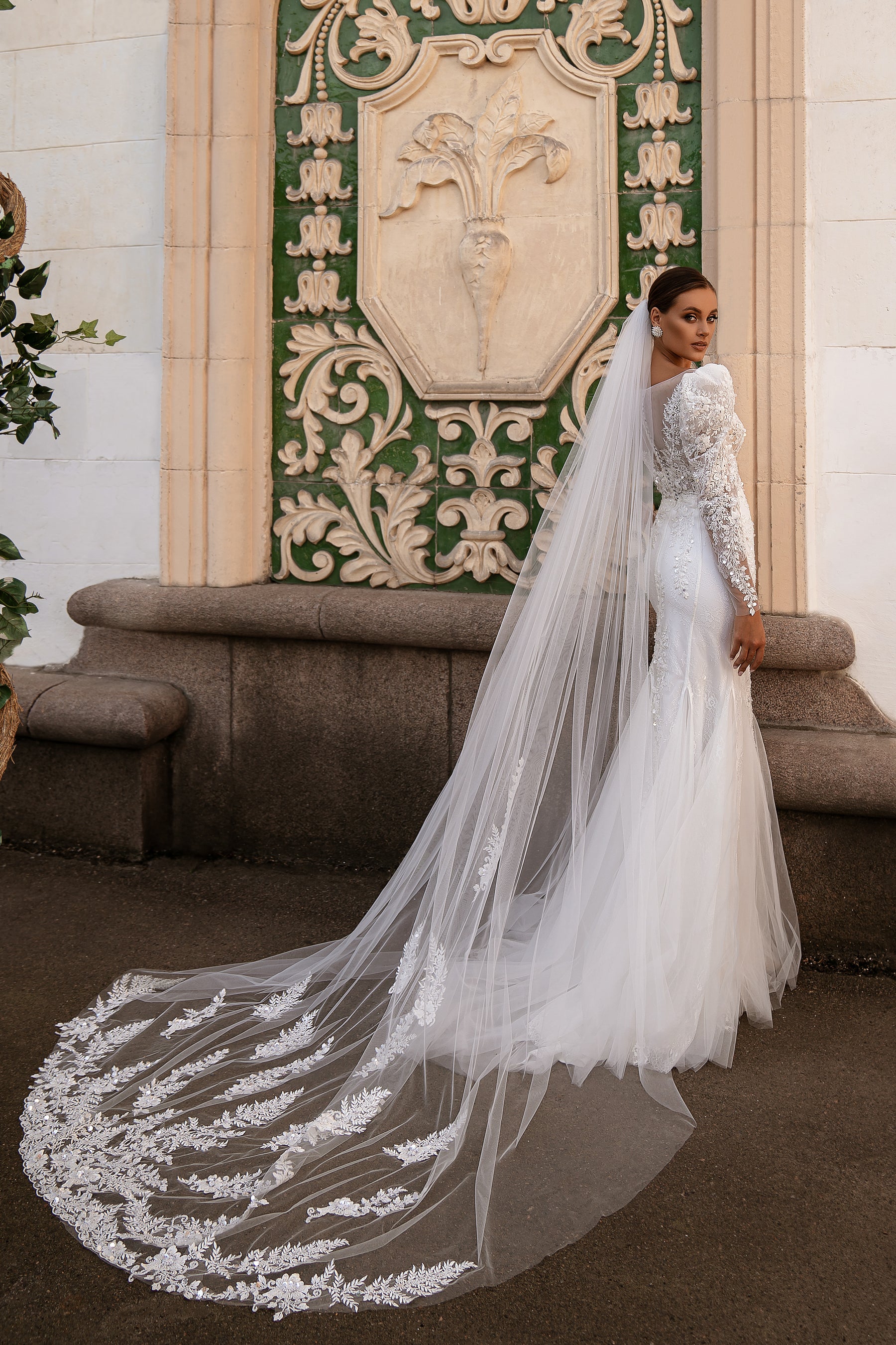 Long Tulle Veil Bundle with Guipure Embroidery, Beads, Sequins, Crystals, and Pearls - 2.6x3.0m