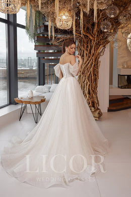 Ball Gown Wedding Dress With Off-the-Shoulder Neckline, Structured Bodice, Puff Sleeves, Sparkle Tulle Overlay